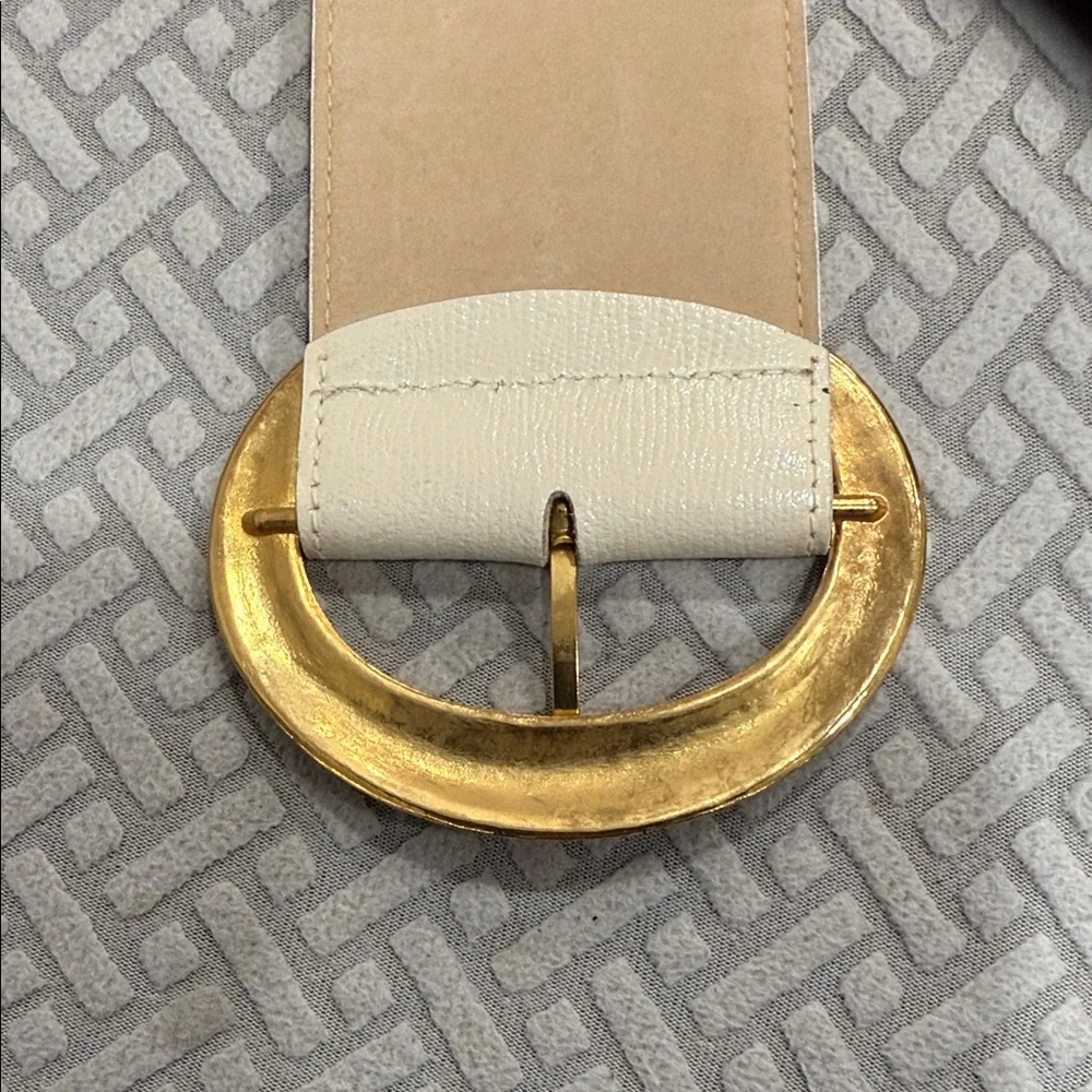 Elegant Off White Genuine Leather Belt with Gold Brass Buckle
